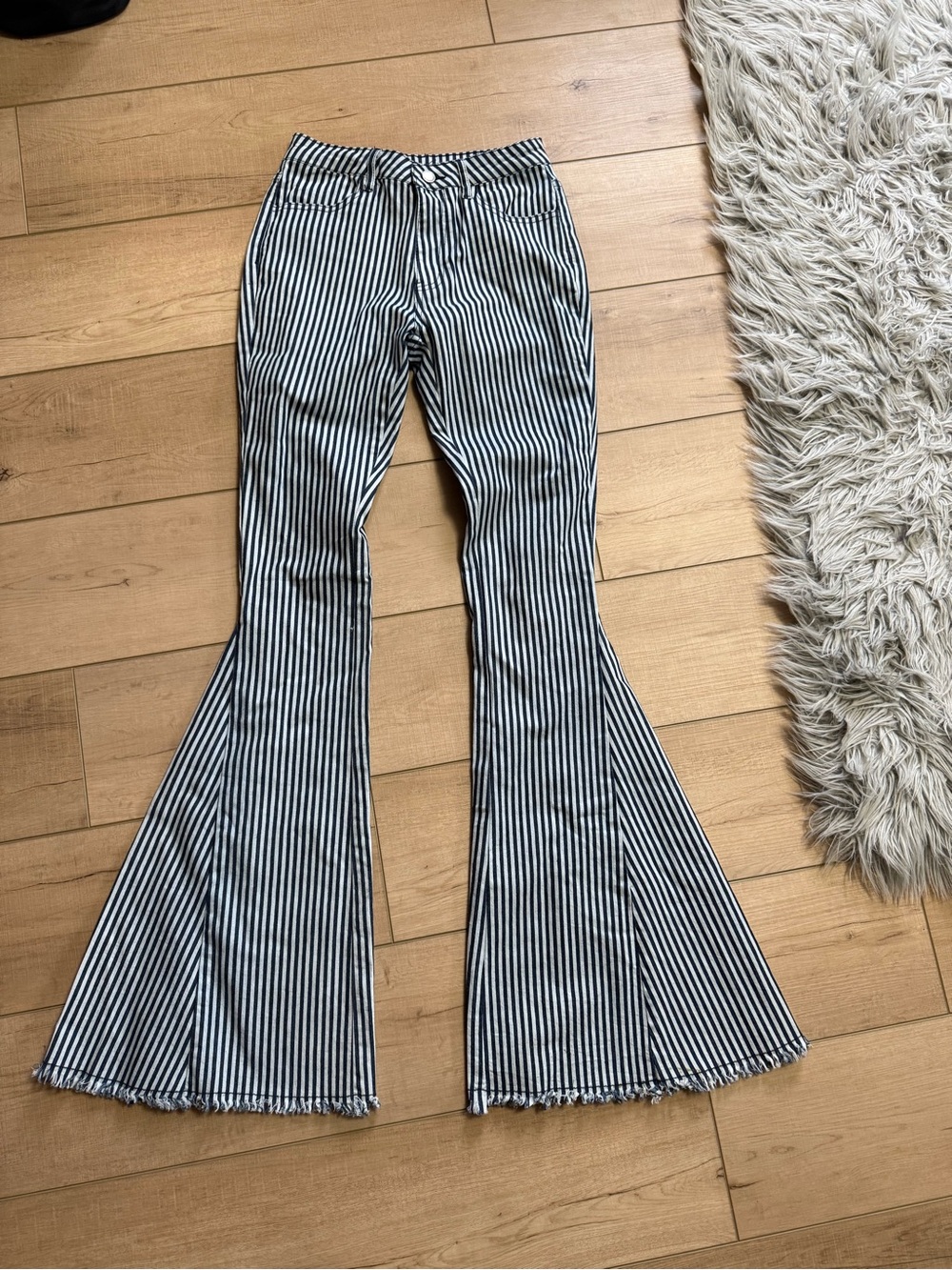 Vertical Stripe Bell Bottom Pants - Black & White - grass stains on bottom